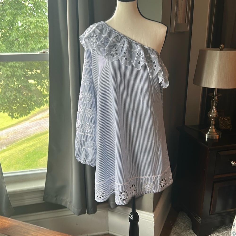 Blue and White Striped One Shoulder Dress with Lace Trim
